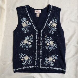 Vintage Worthington Navy Embroidered Vest L-‎ natural fibers
